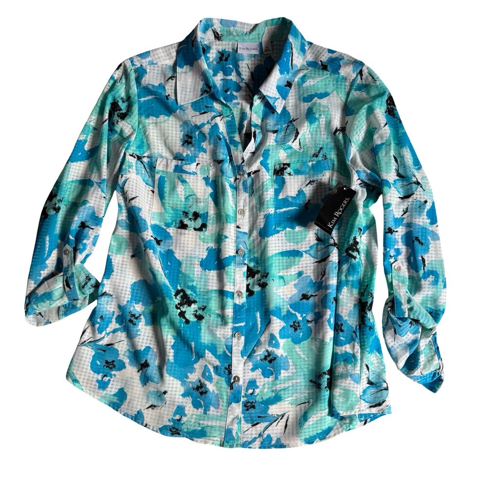 Kim Rogers Floral Button Front Blouse XL Blue White Roll Sleeve NWT